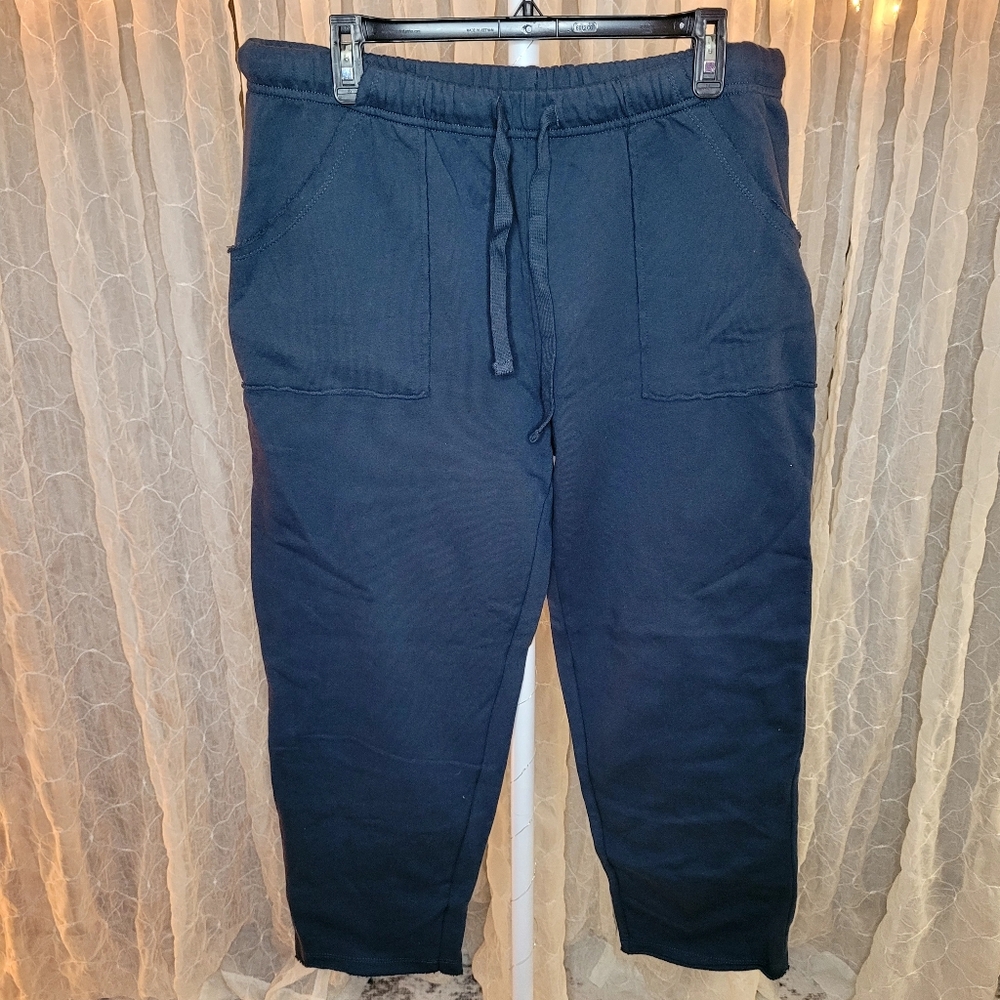 Mono B Navy Wide Leg Sweatpants Raw Hem Lounge Pants 100% Cotton Boutique